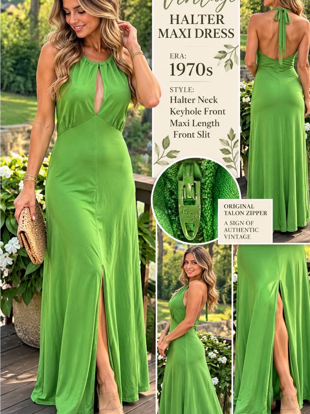 Vintage 1970s Women’s Green Satin Halter Maxi Dress Keyhole Backless Slit S